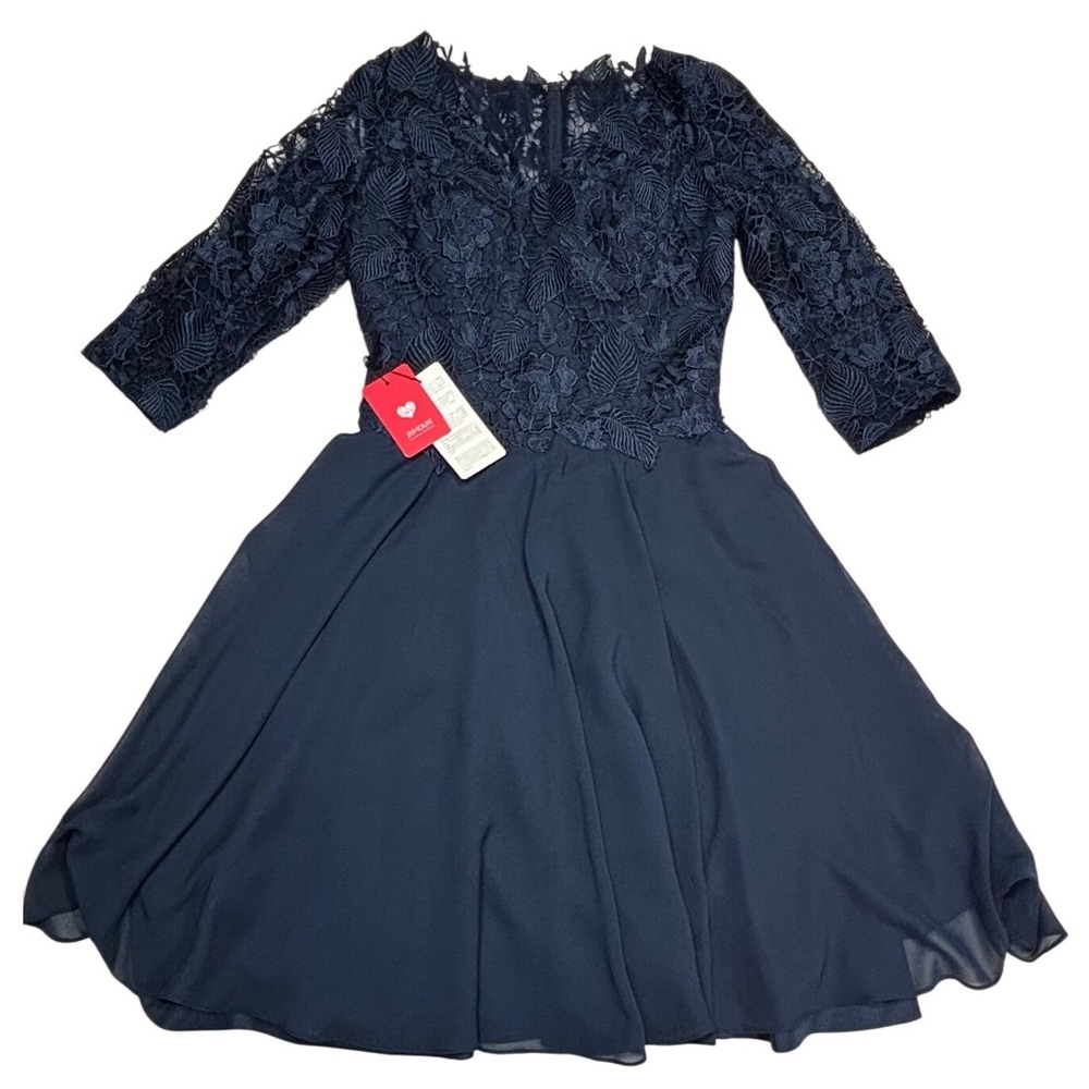 JJ's House Navy Lace Chiffon Overlay 3/4 Sleeve A-Line Dress Women's Size 8 NWT